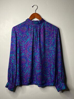 80s vintage purple and green paisley long sleeved blouse by Pendleton